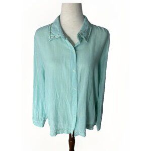 Denim & Co Cotton Gauze XL Teal Beaded Button Front Lace Coastal Boho Beach